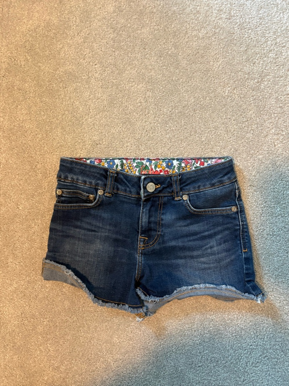 Mini Boden Dark Blue Denim Cutoff Shorts with Floral Waistband